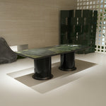 ラグジュアリー天然大理石ダイニングテーブル アボカドグリーン調の丸縁厚天板が映える高級デザイナーズモダン240cm 180cm jrjj-6805
