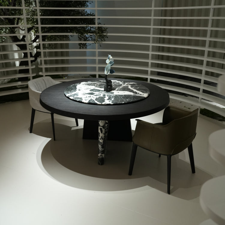 デザイナーズ 高級大理石円卓 ダイニングテーブル 宝格麗ブラック調 スモークウッド天板 ナチュラルモダンインテリア 240cm jrjj-6781
