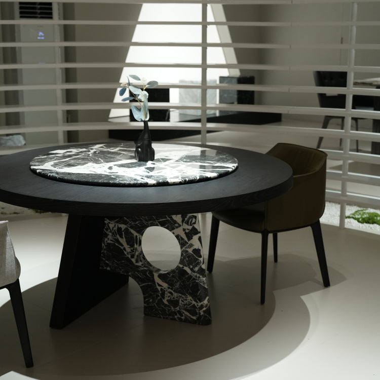 デザイナーズ 高級大理石円卓 ダイニングテーブル 宝格麗ブラック調 スモークウッド天板 ナチュラルモダンインテリア 240cm jrjj-6781