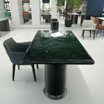 ラグジュアリー天然大理石ダイニングテーブル アボカドグリーン調の丸縁厚天板が映える高級デザイナーズモダン240cm 180cm jrjj-6805