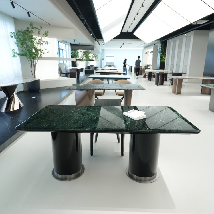 ラグジュアリー天然大理石ダイニングテーブル アボカドグリーン調の丸縁厚天板が映える高級デザイナーズモダン240cm 180cm jrjj-6805