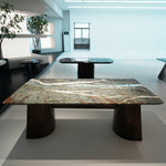 デザイナーズ 大理石ダイニングテーブル 孔雀緑 天然石天板 ブロンズ脚 高級モダンインテリア jrjj-6637