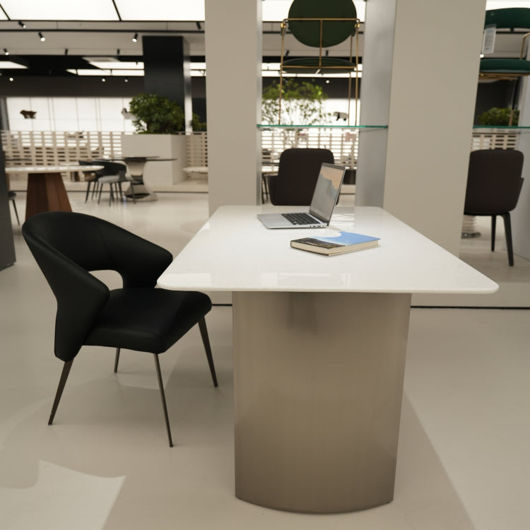 デザイナーズ 大理石ダイニングテーブル ピュアホワイト×シルバー 天然石天板 高級ミニマルモダン jrjj-6385