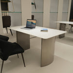 デザイナーズ 大理石ダイニングテーブル ピュアホワイト×シルバー 天然石天板 高級ミニマルモダン jrjj-6385