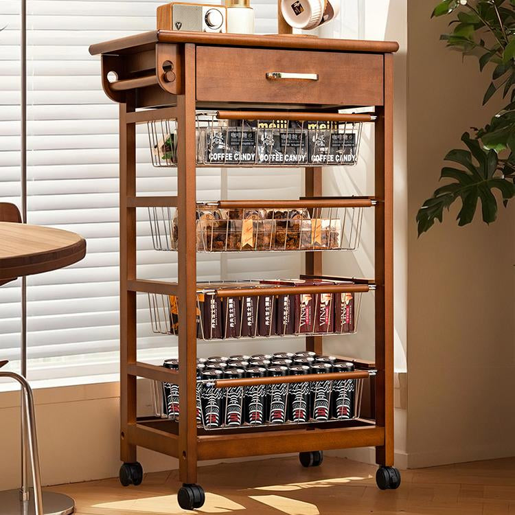 北欧風天然木ストレージワゴン 引き出し収納と多段バスケットを備えたキッチン?リビング兼用ラック jekojeko-01