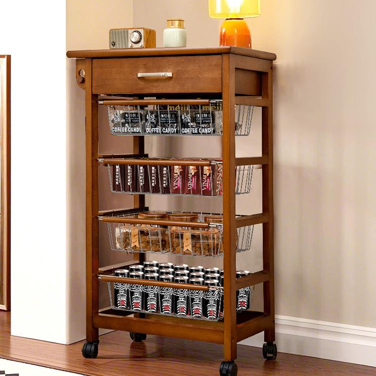 北欧風天然木ストレージワゴン 引き出し収納と多段バスケットを備えたキッチン?リビング兼用ラック jekojeko-01