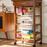 北欧風天然木ストレージワゴン 引き出し収納と多段バスケットを備えたキッチン?リビング兼用ラック jekojeko-01