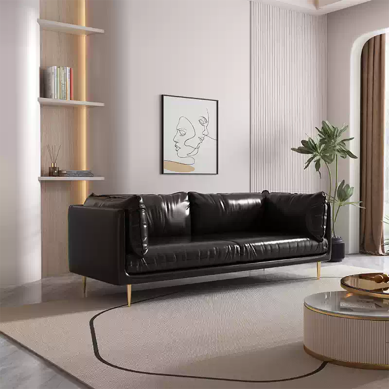 イタリアンミニマルデザイン本革ソファ ブラックビンテージオイルレザー使用三人掛け qm-5613