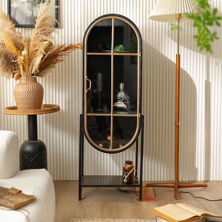 パイン材とアイアンのスタイリッシュキャビネット - 強化ガラス扉付き収納棚 hdst-4308