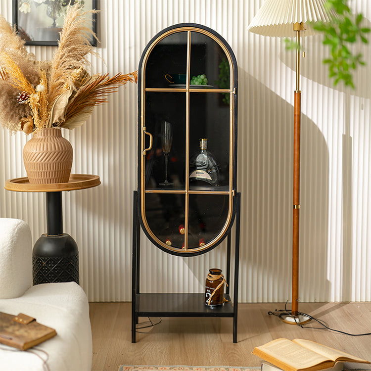 パイン材とアイアンのスタイリッシュキャビネット - 強化ガラス扉付き収納棚 hdst-4308