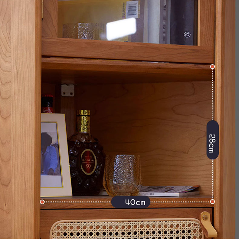 チェリー材とラタンを使用したガラス多層板キャビネット|スタイリッシュ収納家具 fcp-1306