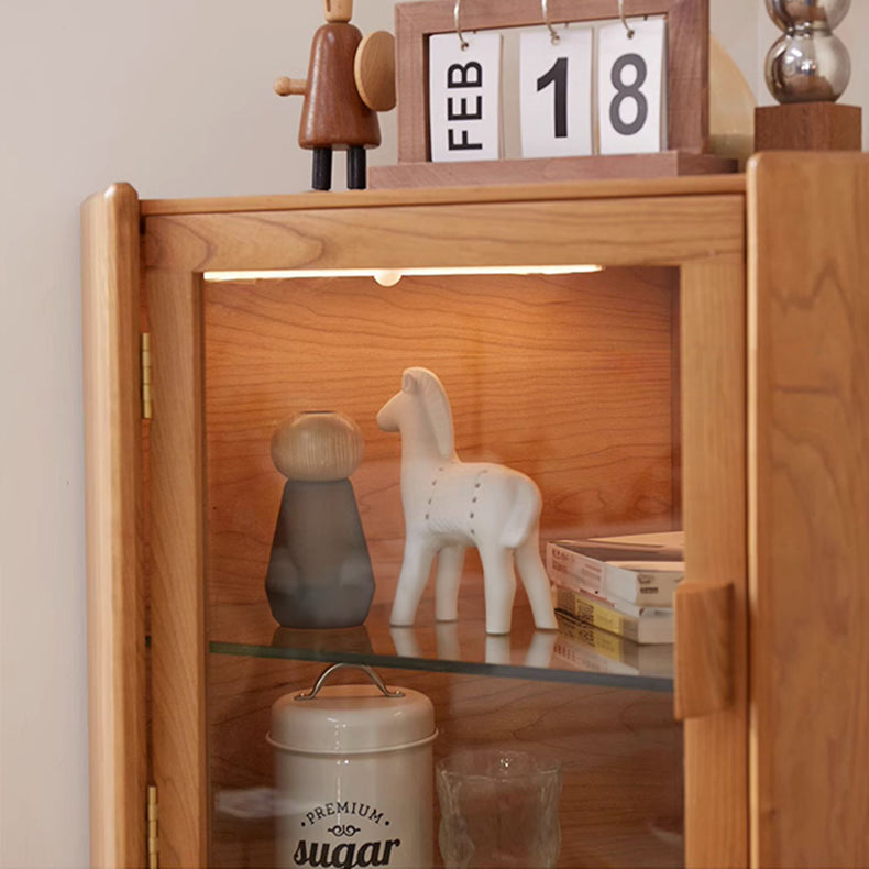 チェリー材とラタンを使用したガラス多層板キャビネット|スタイリッシュ収納家具 fcp-1306