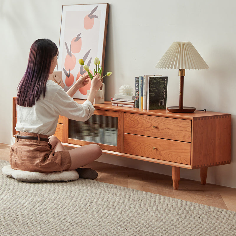 「天然チェリー材とケヤキ使用 高級ガラス&銅装飾のオシャレなテレビ台」 fcp-1310