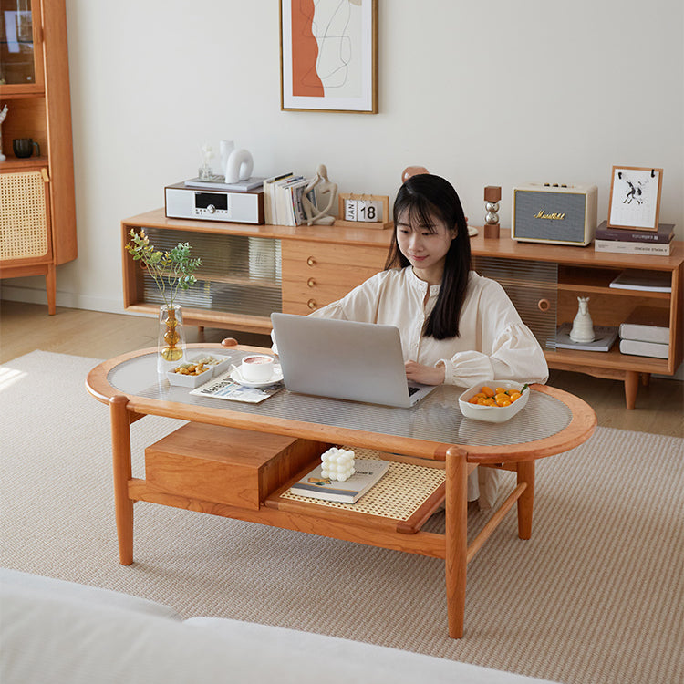 チェリー材×強化ガラス×ラタンの高級センターテーブル - モダンデザイン&耐久性抜群 fcp-1320