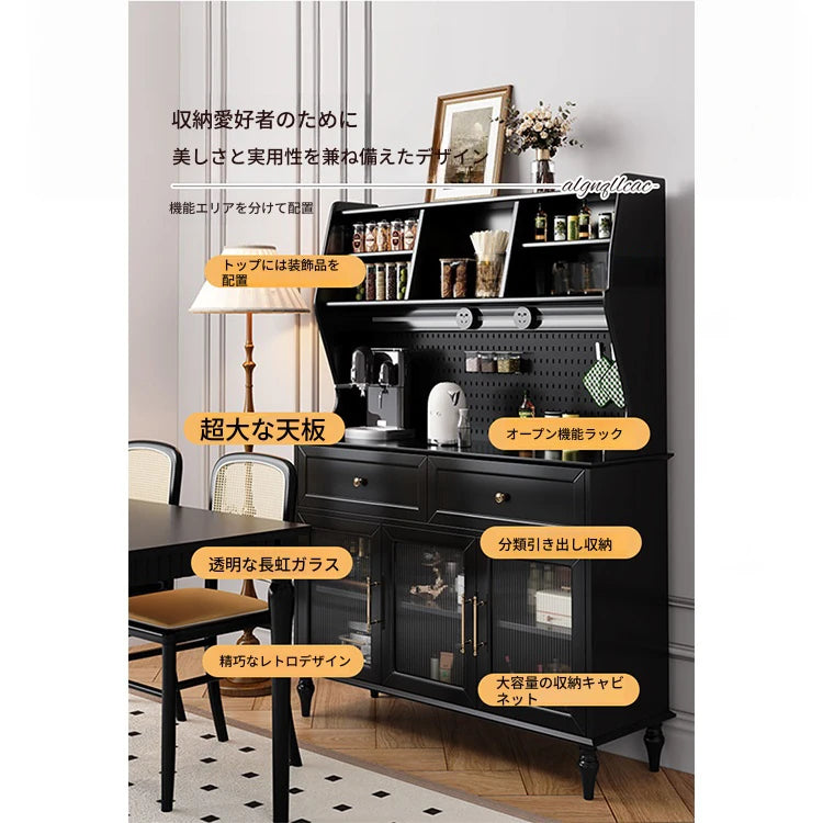 スタイリッシュな黒キャビネット| 多層板とガラス製 | ダイニングやリビングに最適 | おしゃれな収納ソリューション fcr-4814