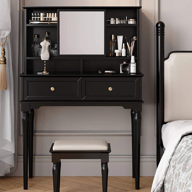 エレガントな黒の化粧台|多層板&ガラス製|収納力抜群のメイクアップデスク fcr-4824