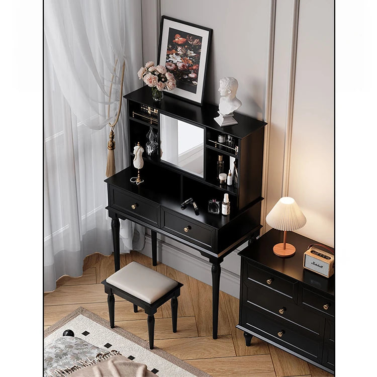 エレガントな黒の化粧台|多層板&ガラス製|収納力抜群のメイクアップデスク fcr-4824