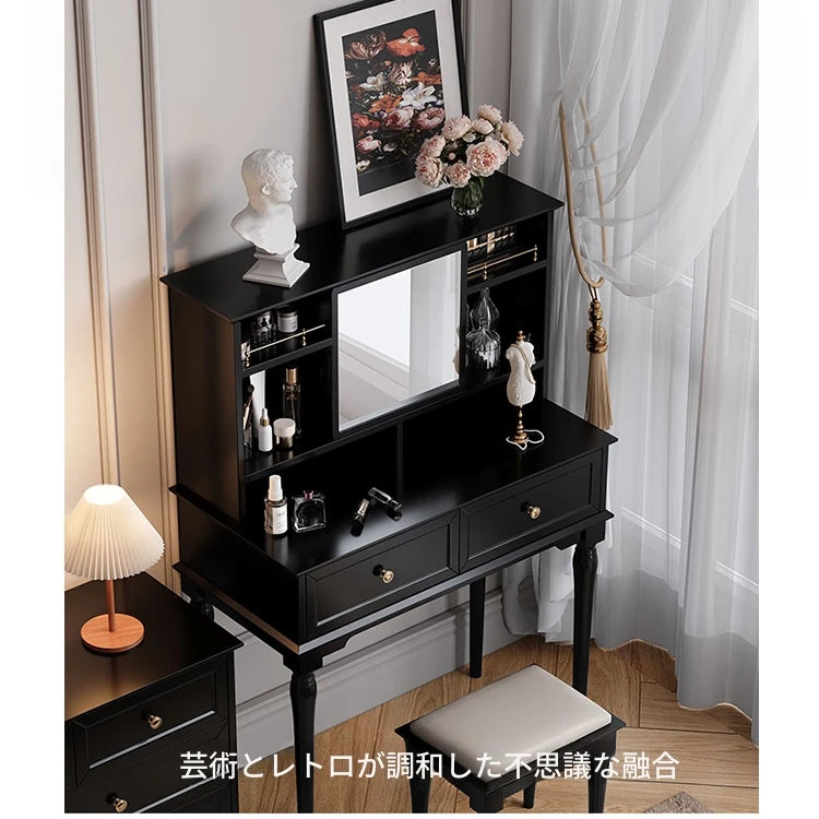 エレガントな黒の化粧台|多層板&ガラス製|収納力抜群のメイクアップデスク fcr-4824