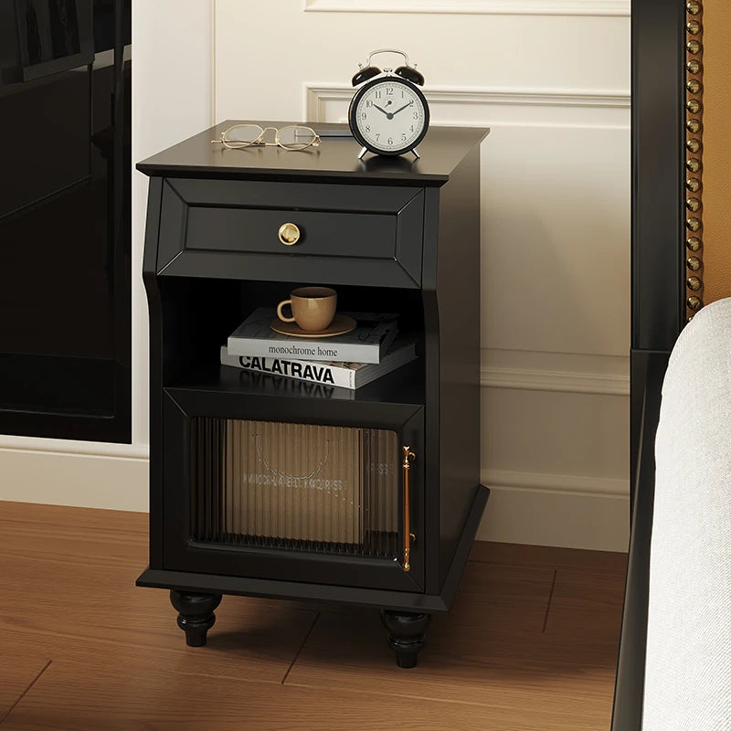 モダンデザイン ナイトテーブル 多層板&ガラス製 アウトレット特価 収納付き 寝室・リビングに最適 fcr-4830