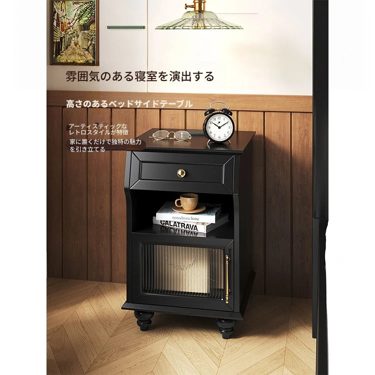 モダンデザイン ナイトテーブル 多層板&ガラス製 アウトレット特価 収納付き 寝室・リビングに最適 fcr-4830