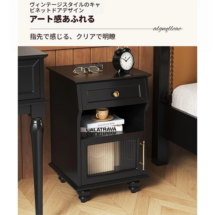 モダンデザイン ナイトテーブル 多層板&ガラス製 アウトレット特価 収納付き 寝室・リビングに最適 fcr-4830