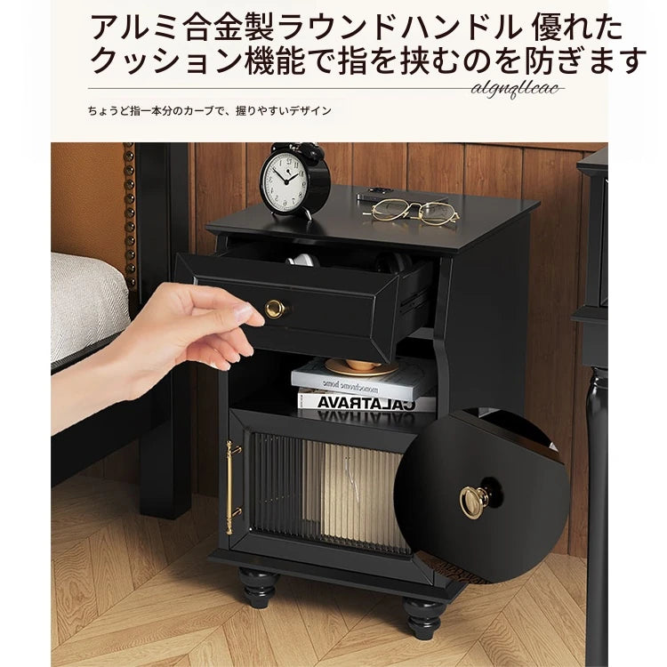 モダンデザイン ナイトテーブル 多層板&ガラス製 アウトレット特価 収納付き 寝室・リビングに最適 fcr-4830