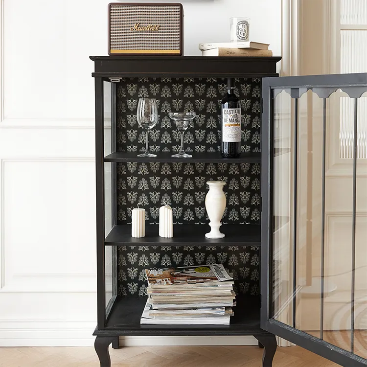 クラシックデザインのパイン材キャビネット|おしゃれなガラス扉付き収納家具 fcwz-2365