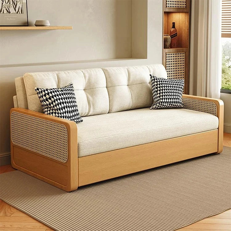 オーク無垢材とラタン使用のシリコンフィルコーデュロイソファー|モダンで快適なリビングスタイルを演出 fdh-3111