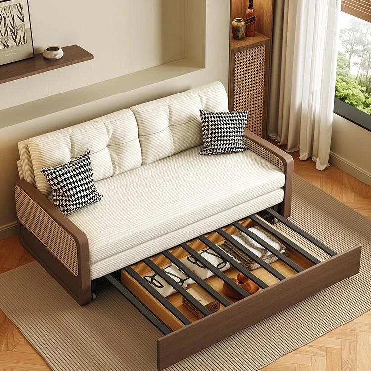 オーク無垢材とラタン使用のシリコンフィルコーデュロイソファー|モダンで快適なリビングスタイルを演出 fdh-3111