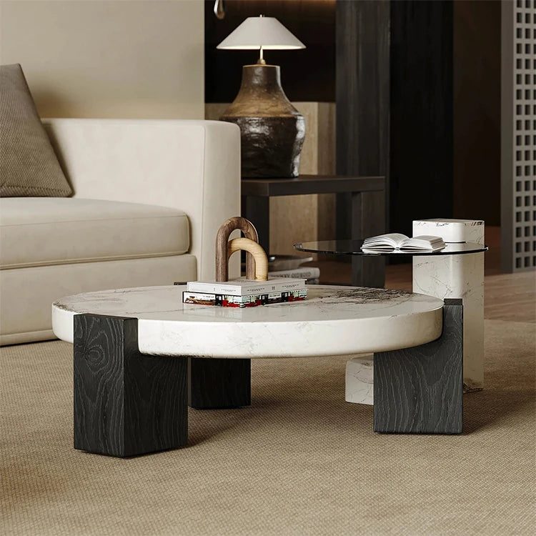 ラグジュアリーデザインの大理石センターテーブル|強化ガラスと木製スタンドのコンビネーションで洗練されたインテリアを演出 fjd-4680