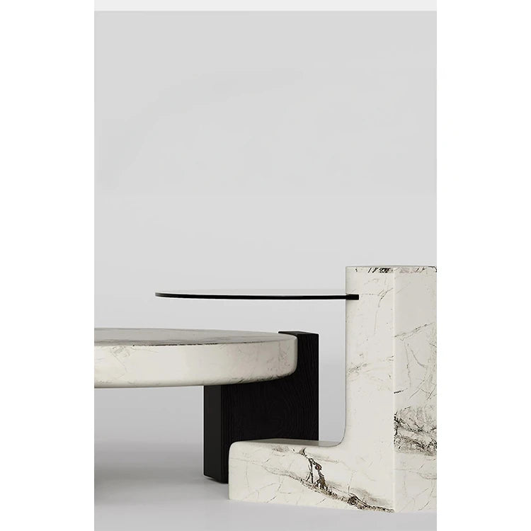 ラグジュアリーデザインの大理石センターテーブル|強化ガラスと木製スタンドのコンビネーションで洗練されたインテリアを演出 fjd-4680