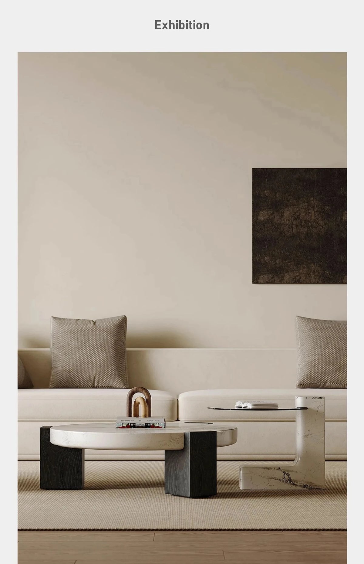 ラグジュアリーデザインの大理石センターテーブル|強化ガラスと木製スタンドのコンビネーションで洗練されたインテリアを演出 fjd-4680