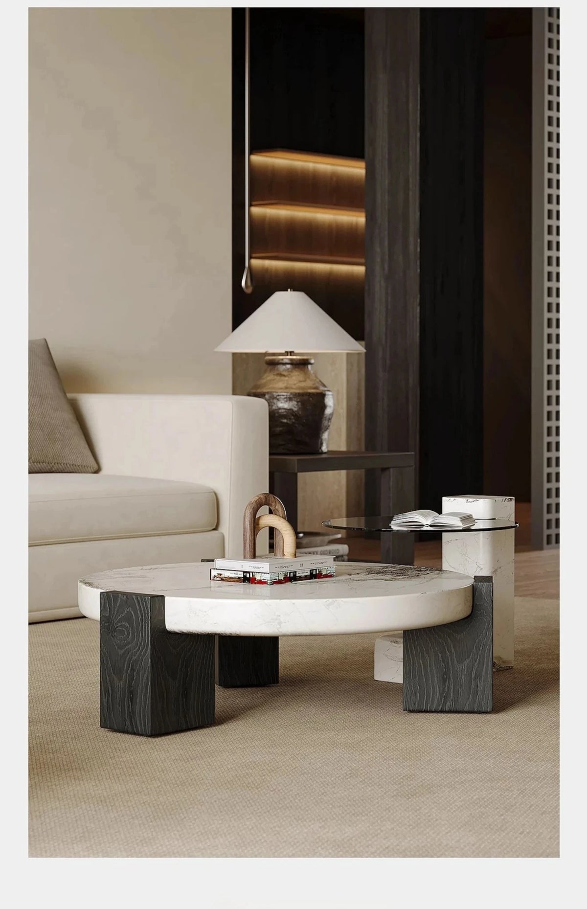 ラグジュアリーデザインの大理石センターテーブル|強化ガラスと木製スタンドのコンビネーションで洗練されたインテリアを演出 fjd-4680