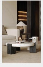 ラグジュアリーデザインの大理石センターテーブル|強化ガラスと木製スタンドのコンビネーションで洗練されたインテリアを演出 fjd-4680