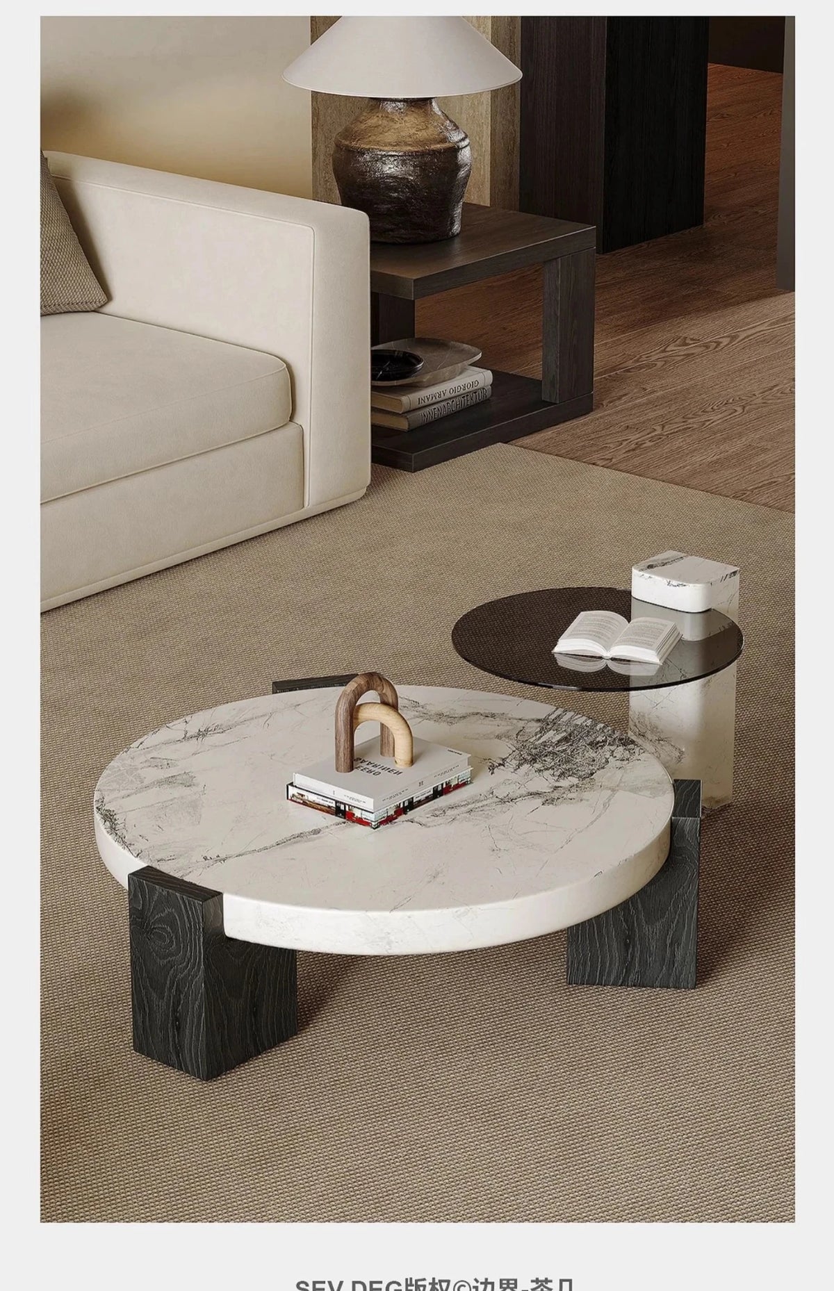 ラグジュアリーデザインの大理石センターテーブル|強化ガラスと木製スタンドのコンビネーションで洗練されたインテリアを演出 fjd-4680