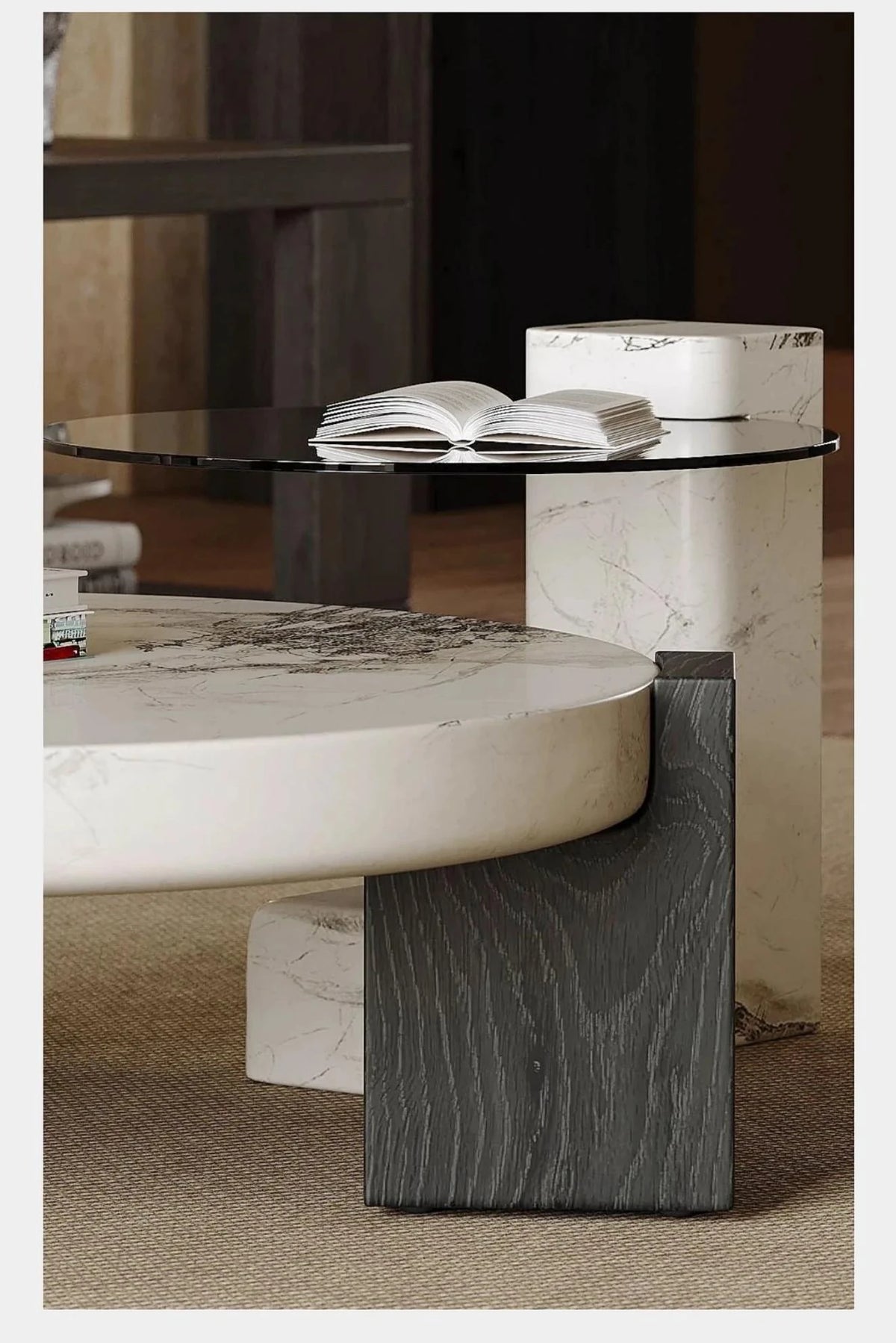 ラグジュアリーデザインの大理石センターテーブル|強化ガラスと木製スタンドのコンビネーションで洗練されたインテリアを演出 fjd-4680