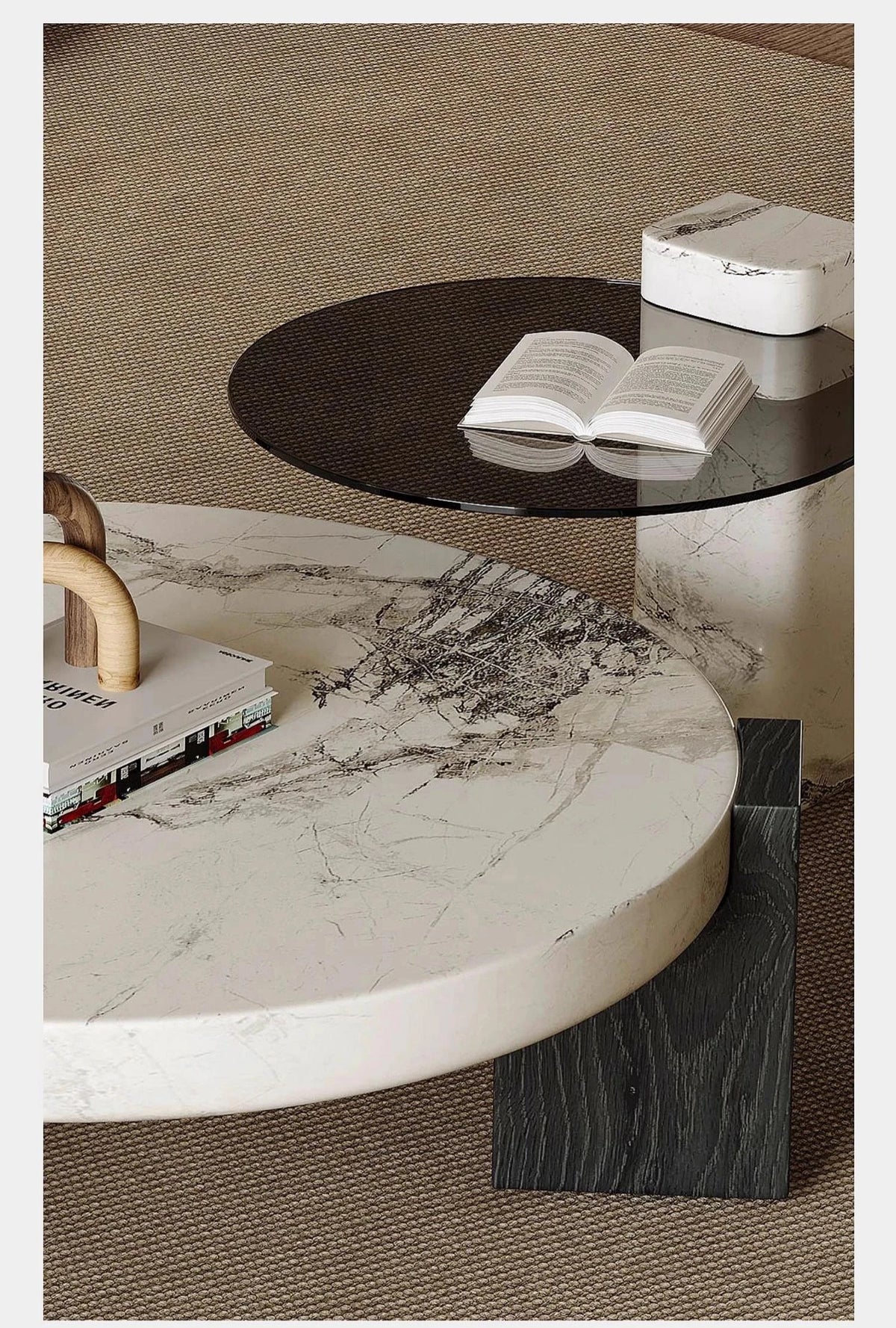 ラグジュアリーデザインの大理石センターテーブル|強化ガラスと木製スタンドのコンビネーションで洗練されたインテリアを演出 fjd-4680