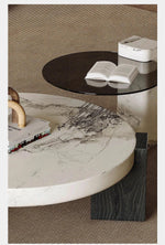 ラグジュアリーデザインの大理石センターテーブル|強化ガラスと木製スタンドのコンビネーションで洗練されたインテリアを演出 fjd-4680