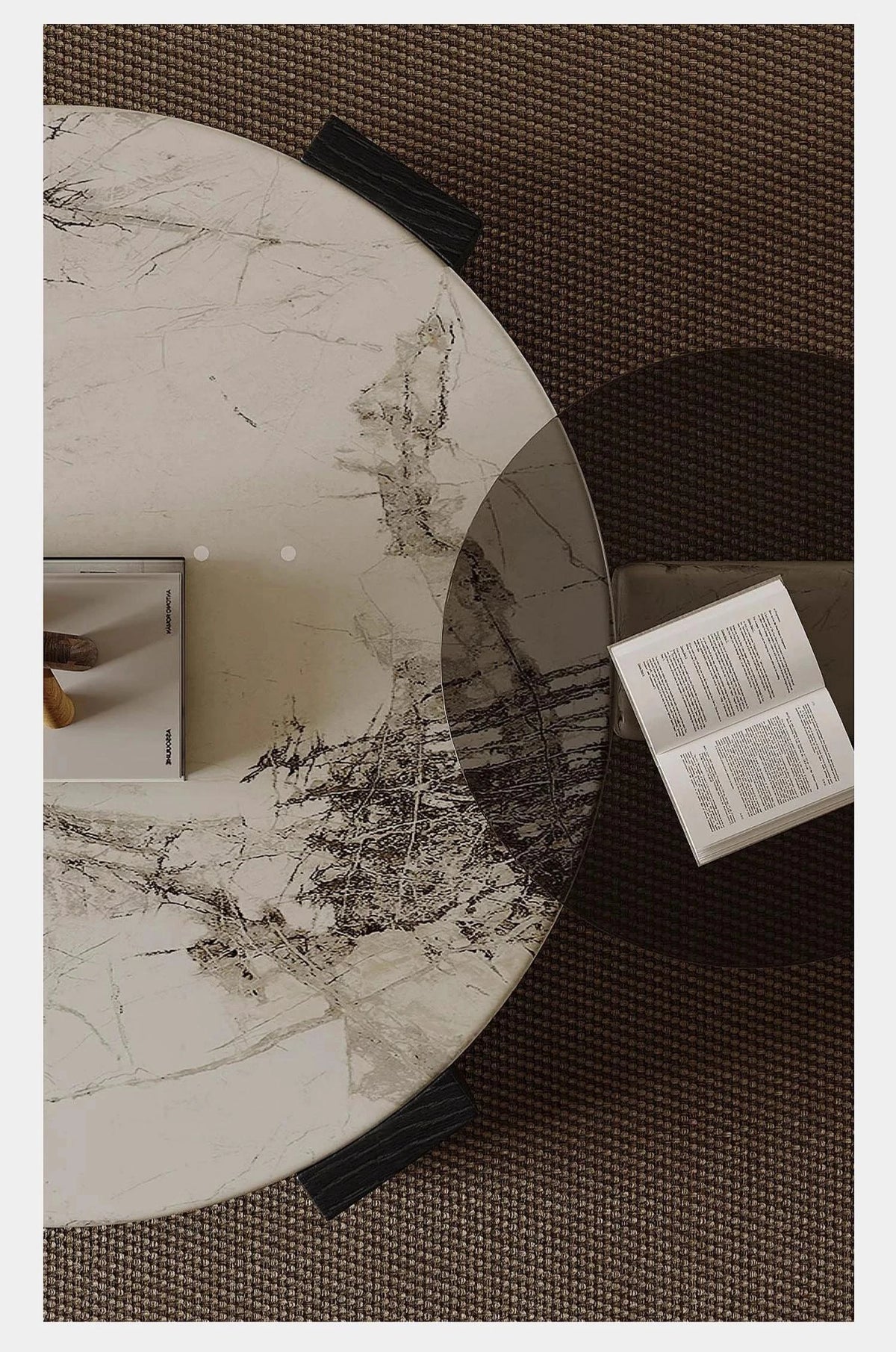 ラグジュアリーデザインの大理石センターテーブル|強化ガラスと木製スタンドのコンビネーションで洗練されたインテリアを演出 fjd-4680