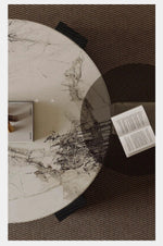 ラグジュアリーデザインの大理石センターテーブル|強化ガラスと木製スタンドのコンビネーションで洗練されたインテリアを演出 fjd-4680