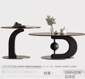 センターテーブル 強化ガラス アッシュ材 ステンレス製 おしゃれなデザイン 丸型2点セット モダンリビングに最適 fjd-4688