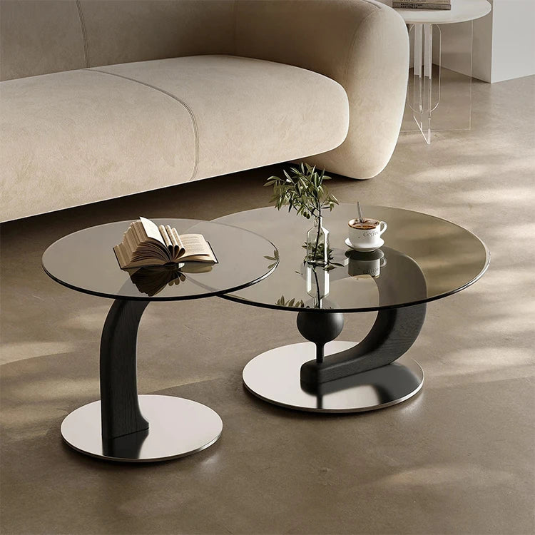 センターテーブル 強化ガラス アッシュ材 ステンレス製 おしゃれなデザイン 丸型2点セット モダンリビングに最適 fjd-4688