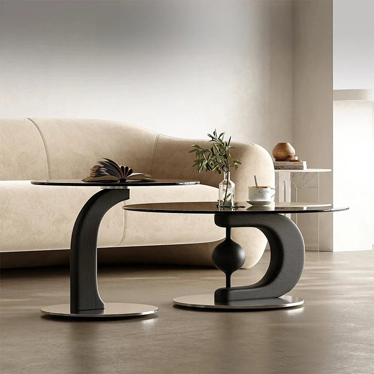 センターテーブル 強化ガラス アッシュ材 ステンレス製 おしゃれなデザイン 丸型2点セット モダンリビングに最適 fjd-4688