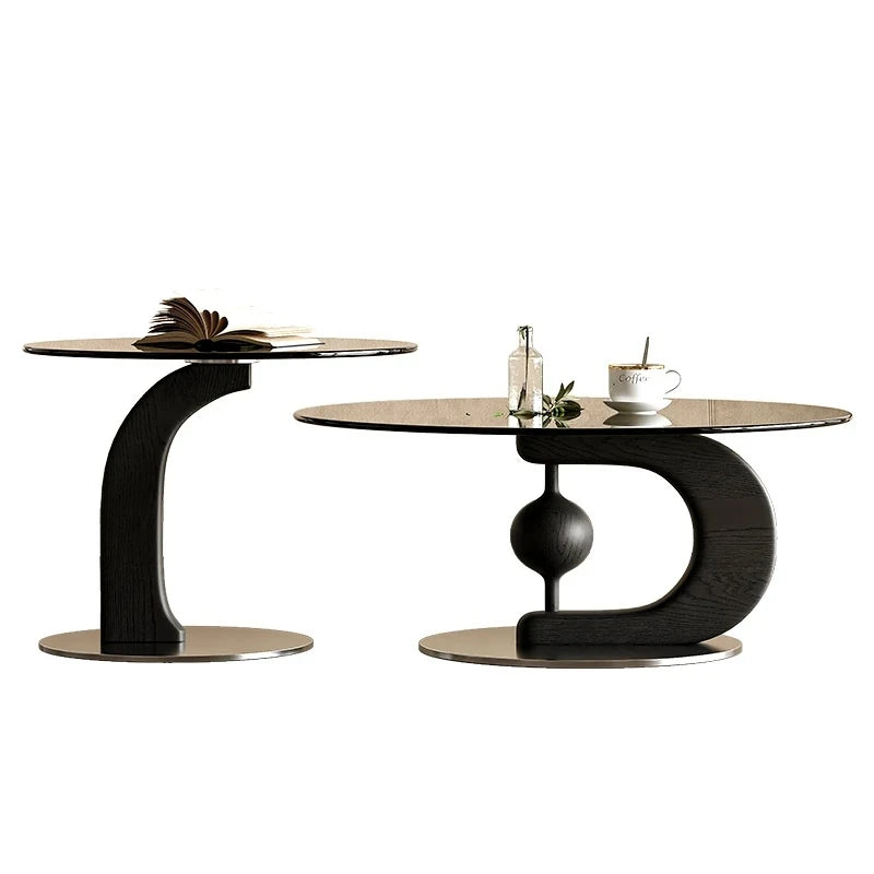 センターテーブル 強化ガラス アッシュ材 ステンレス製 おしゃれなデザイン 丸型2点セット モダンリビングに最適 fjd-4688