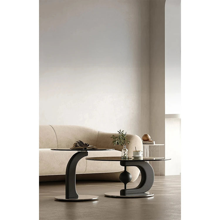 センターテーブル 強化ガラス アッシュ材 ステンレス製 おしゃれなデザイン 丸型2点セット モダンリビングに最適 fjd-4688