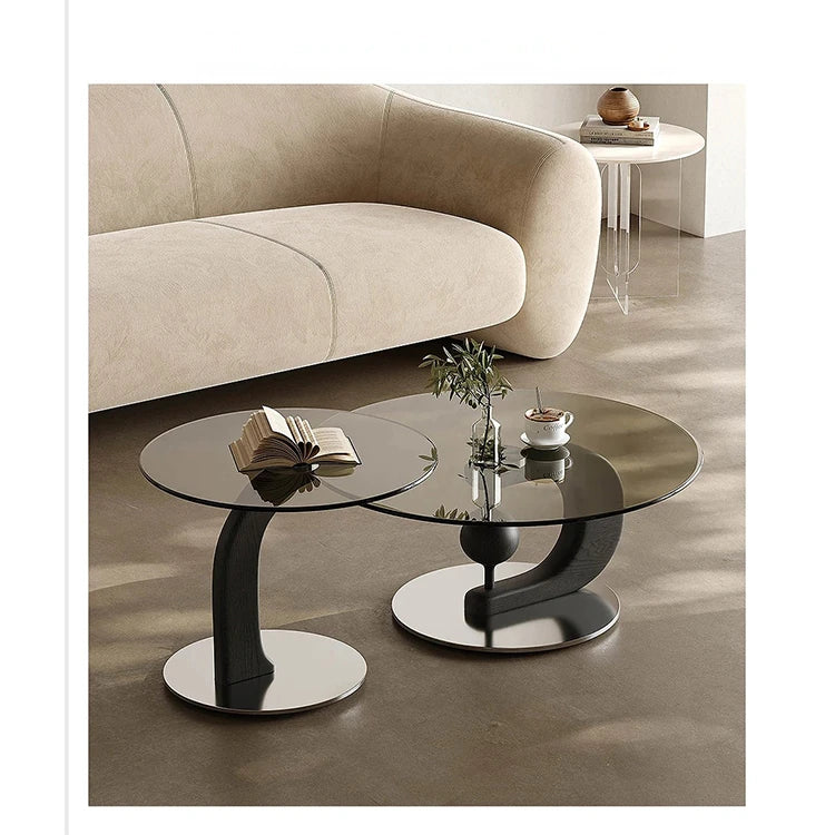 センターテーブル 強化ガラス アッシュ材 ステンレス製 おしゃれなデザイン 丸型2点セット モダンリビングに最適 fjd-4688