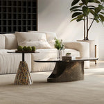 オシャレな石製センターテーブル 強化ガラス天板 モダンリビング用 効果的な収納機能付き fjd-4706