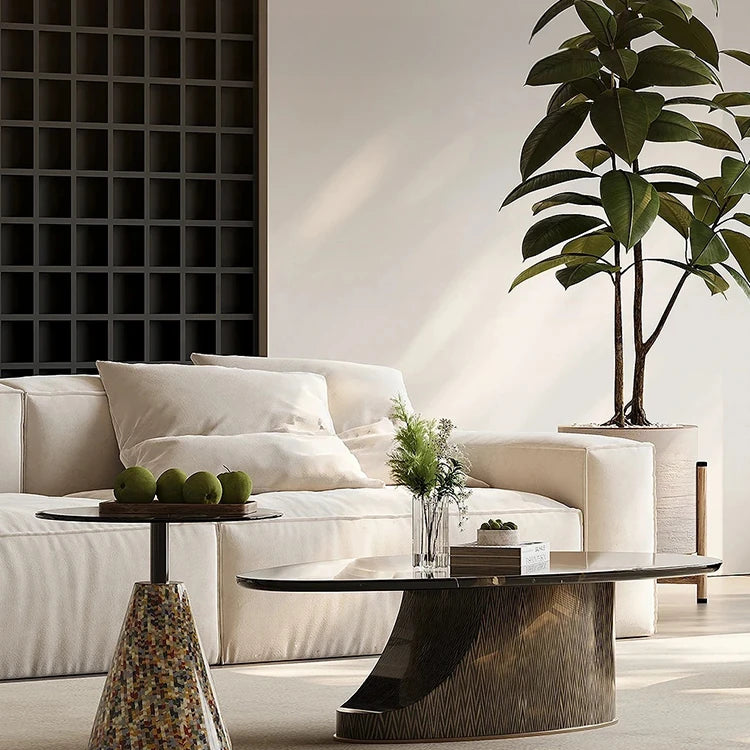 オシャレな石製センターテーブル 強化ガラス天板 モダンリビング用 効果的な収納機能付き fjd-4706