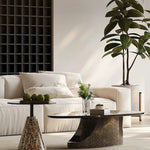 オシャレな石製センターテーブル 強化ガラス天板 モダンリビング用 効果的な収納機能付き fjd-4706