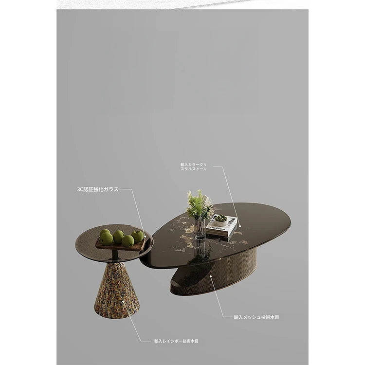 オシャレな石製センターテーブル 強化ガラス天板 モダンリビング用 効果的な収納機能付き fjd-4706
